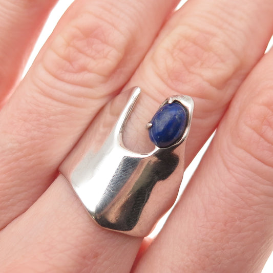 925 Sterling Silver Vintage Real Lapis Lazuli Modernist Ring Size 6.75