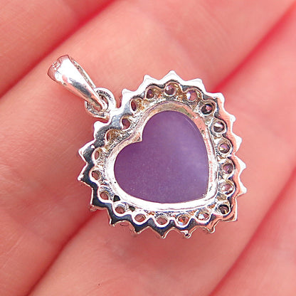 925 Sterling Silver Real Lavender Jade & Sapphire Heart Charm Pendant