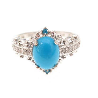 Chuck Clemency 925 Sterling Silver Real Turquoise & White Topaz Ring Size 8