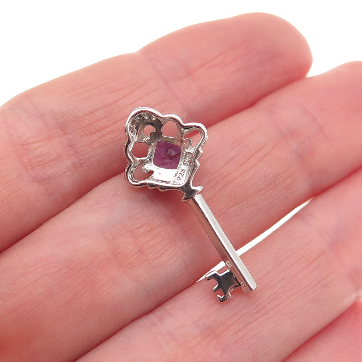 Sun 925 Sterling Silver Real Diamond & Amethyst Floral Key Slide Charm Pendant
