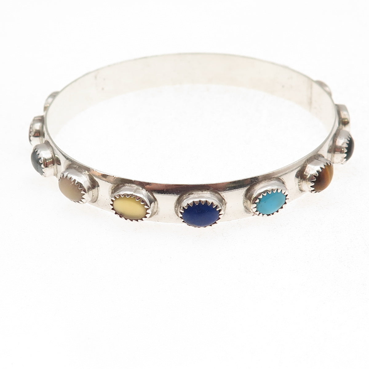 Lenora Begay Navajo Old Pawn 925 Sterling Vintage Multi-Gem Bangle Bracelet 8"