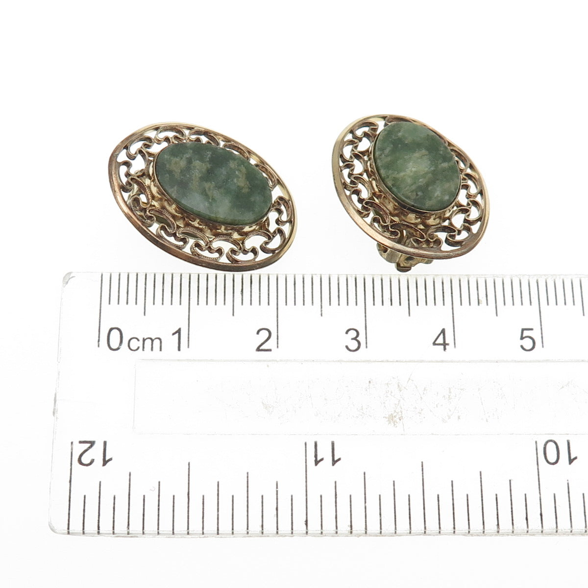 WINARD 1/20 12K Gold Filled Vintage Real Jade Filigree Clip On Earrings