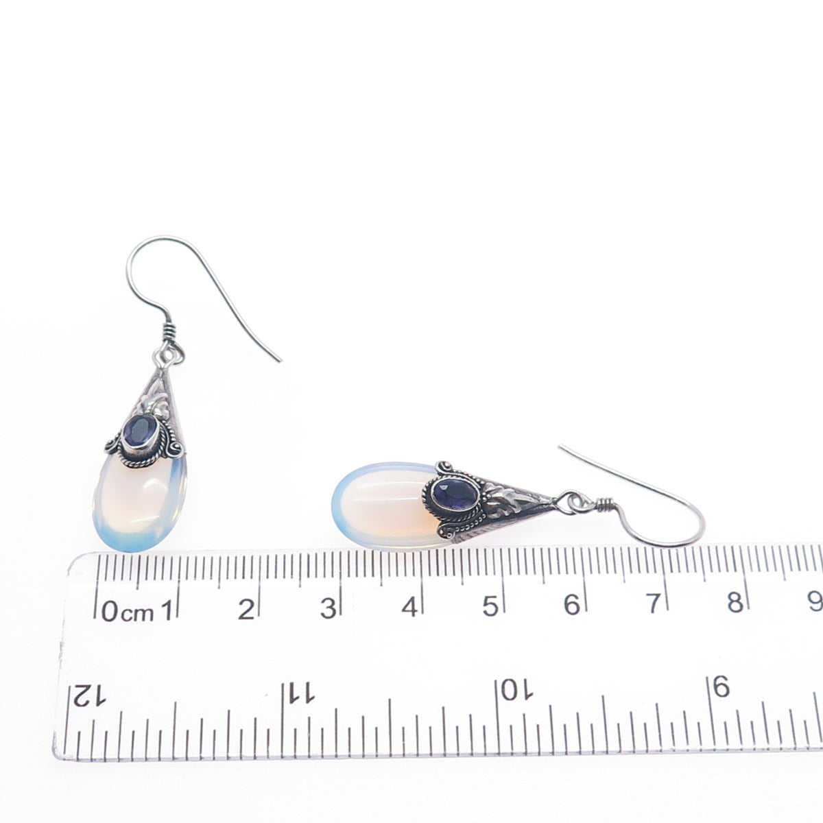 925 Sterling Silver Vintage Real Amethyst & Opalite Modernist Dangle Earrings