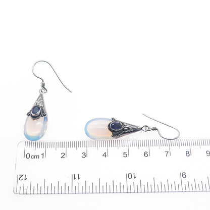 925 Sterling Silver Vintage Real Amethyst & Opalite Modernist Dangle Earrings