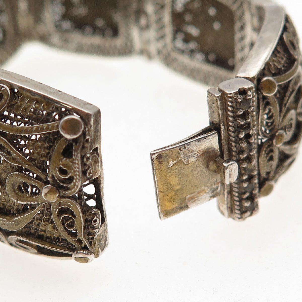 925 Sterling Silver Gold Plated Vintage Floral Filigree Panel Link Bracelet 7.5"