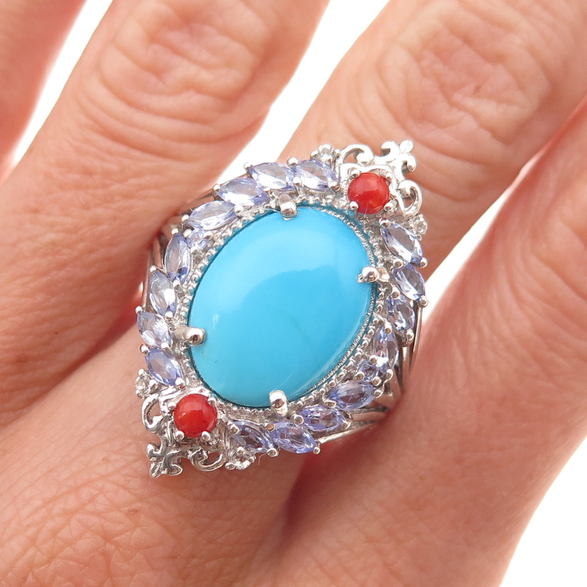 Chuck Clemency 925 Sterling Silver Real Turquoise Tanzanite & Coral Ring Size 8