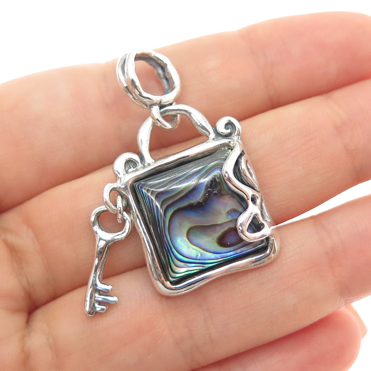 HAGIT GORALI Sterling Vintage Israel Abalone Shell Modernist Lock & Key Pendant
