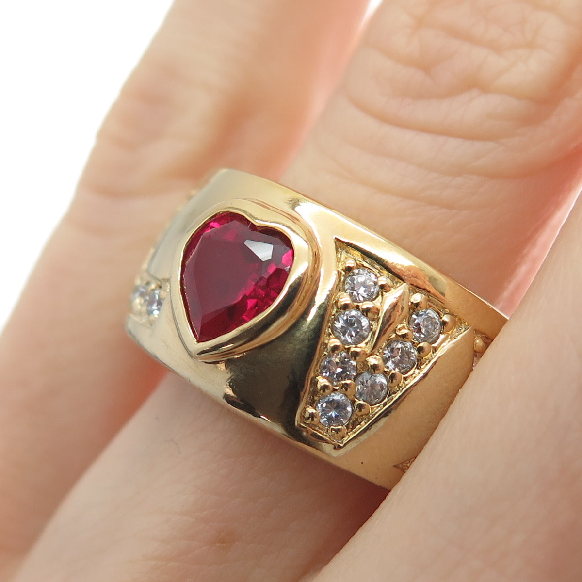 925 Sterling Silver Gold Plated Real Heart-Cut Ruby & C Z Love Ring Size 9.25