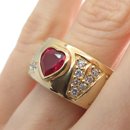 925 Sterling Silver Gold Plated Real Heart-Cut Ruby & C Z Love Ring Size 9.25