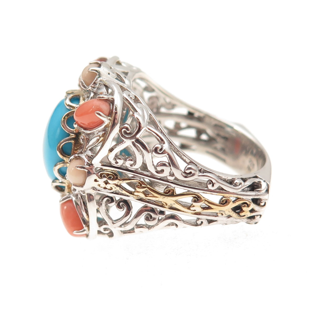 Michael Valitutti Gems En Vogue Sterling 2-Tone Turquoise & Coral Ring Size 8.25