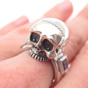 925 Sterling Silver Vintage Real Amethyst Skull Oxidized Biker Ring Size 6.75