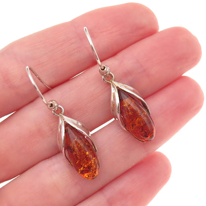 925 Sterling Silver Vintage Real Amber Modernist Floral Oxidized Dangle Earrings