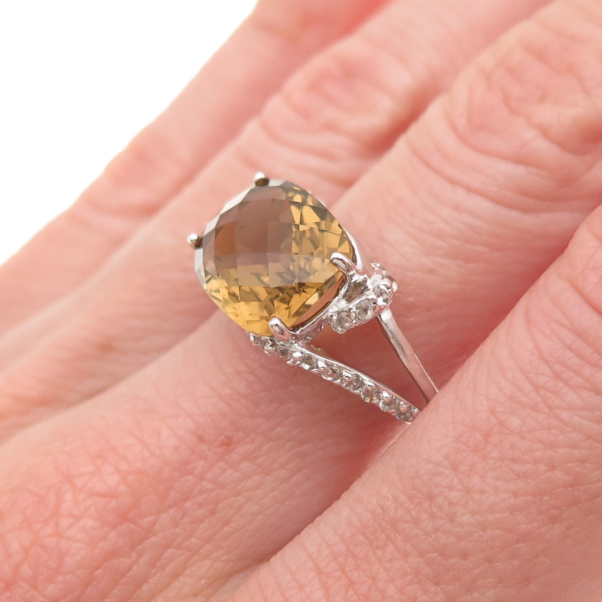 925 Sterling Silver Real Smoky Quartz & White Topaz Ring Size 7.25