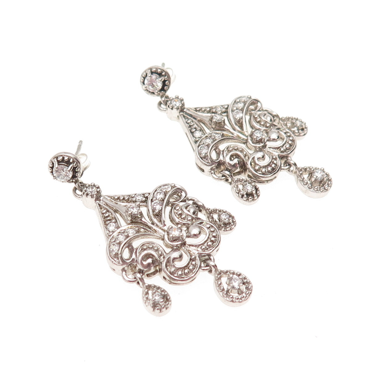 925 Sterling Silver Round-Cut C Z Fleur de Lis Dangle Earrings