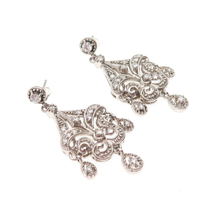 925 Sterling Silver Round-Cut C Z Fleur de Lis Dangle Earrings