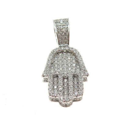 925 Sterling Silver Round-Cut Shaped C Z Hamsa Hand Amulet Pendant