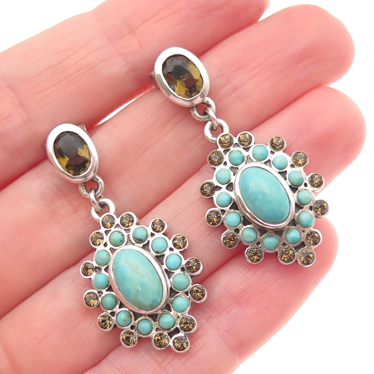 BARSE Sterling Silver Vintage Rhinestone Real Turquoise & Smoky Quartz Earrings
