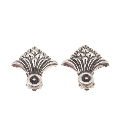 Ben-Amun 925 Sterling Silver Vintage Modernist Floral Oxidized Clip On Earrings