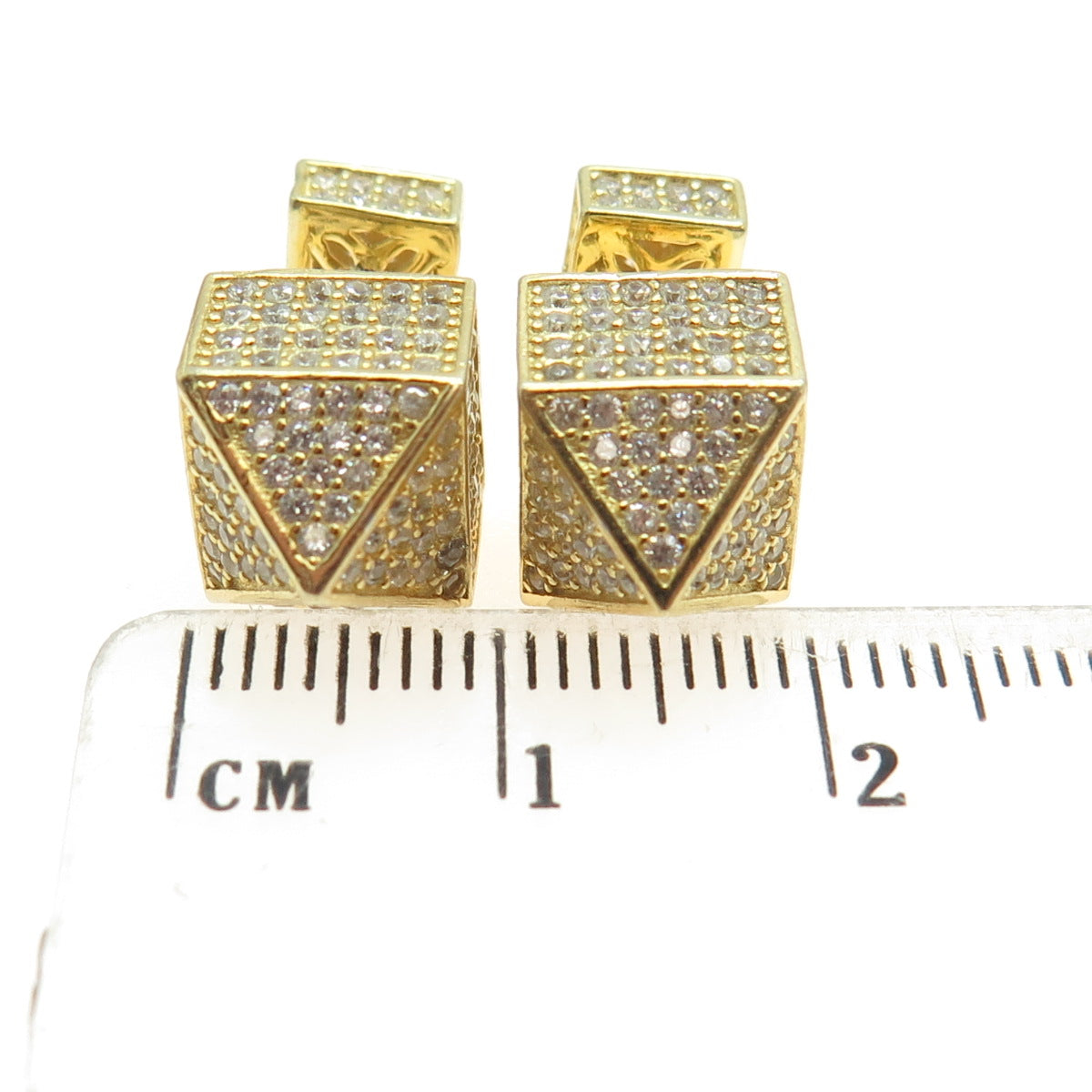 925 Sterling Silver Gold Plated Round-Cut C Z Pyramid Earrings