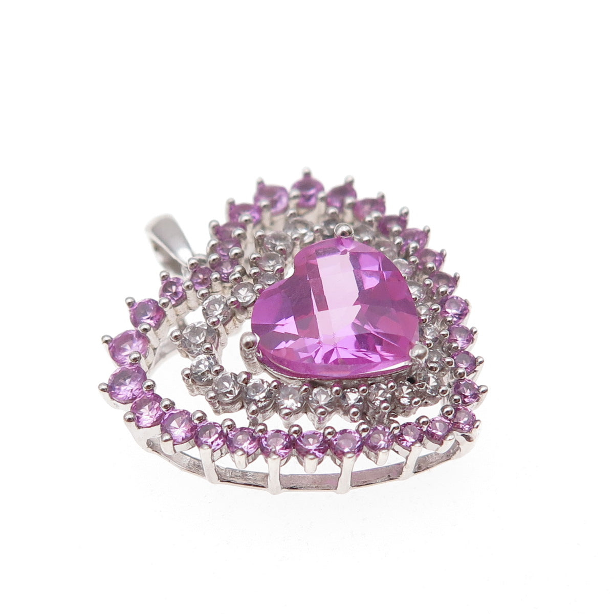 925 Sterling Silver Real Pink & White Topaz Heart Charm Pendant