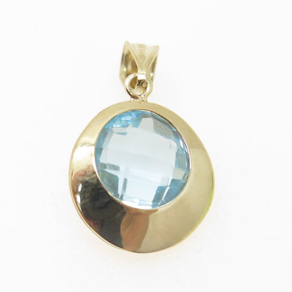 14K Yellow Gold Real Round-Cut Blue Topaz Disc Charm Pendant