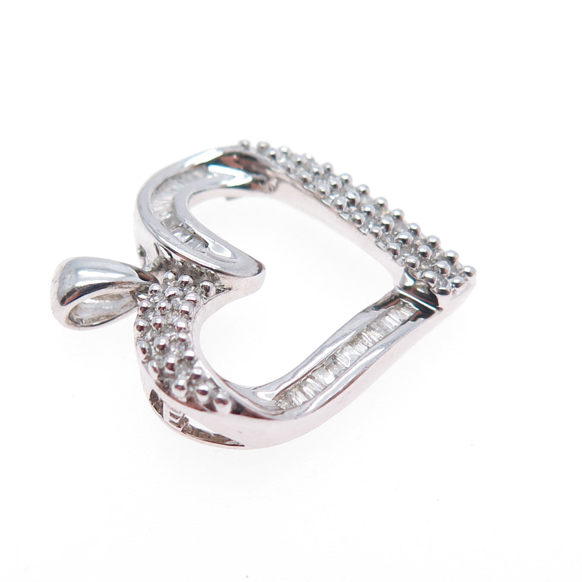 SUN 925 Sterling Silver Real Round & Tapered Baguette-Cut Diamond Heart Pendant
