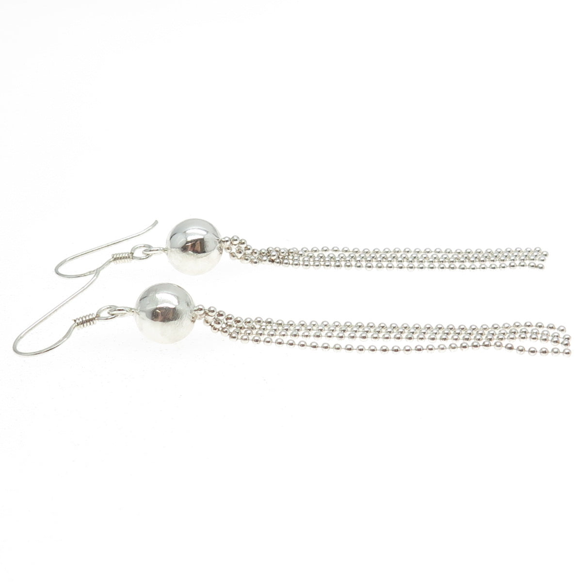 925 Sterling Silver Tassel Ball Beaded Link Chain Dangling Earrings