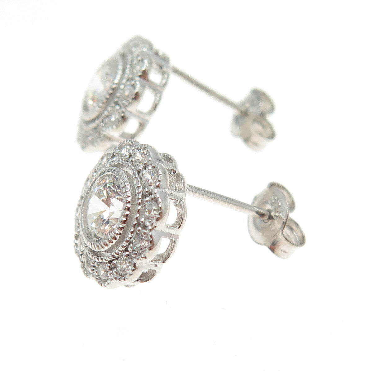 925 Sterling Silver Round-Cut C Z Flower Stud Earrings