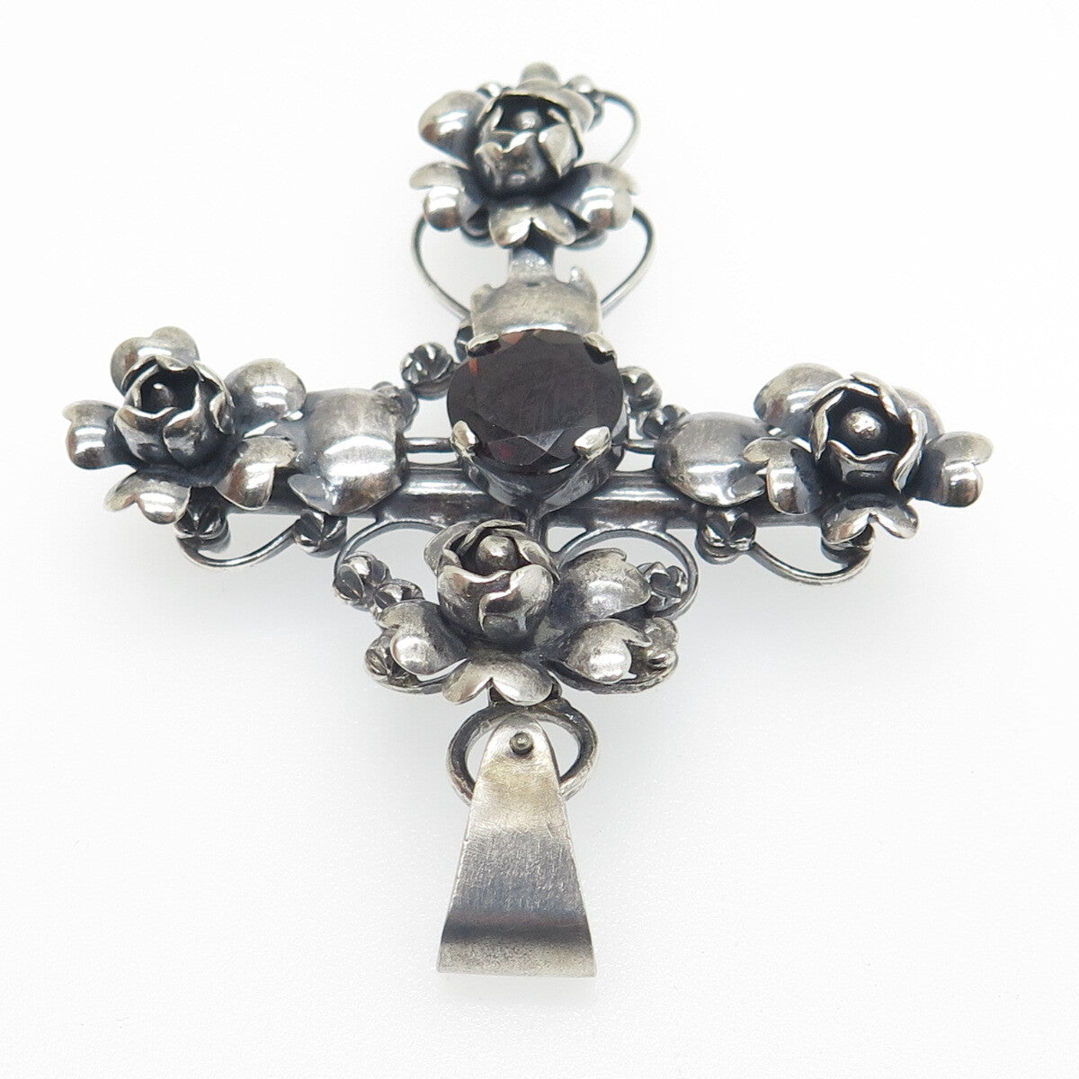 925 Sterling Silver Antique Art Deco Real Red Garnet Rose Cross Oxidized Pendant