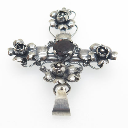 925 Sterling Silver Antique Art Deco Real Red Garnet Rose Cross Oxidized Pendant