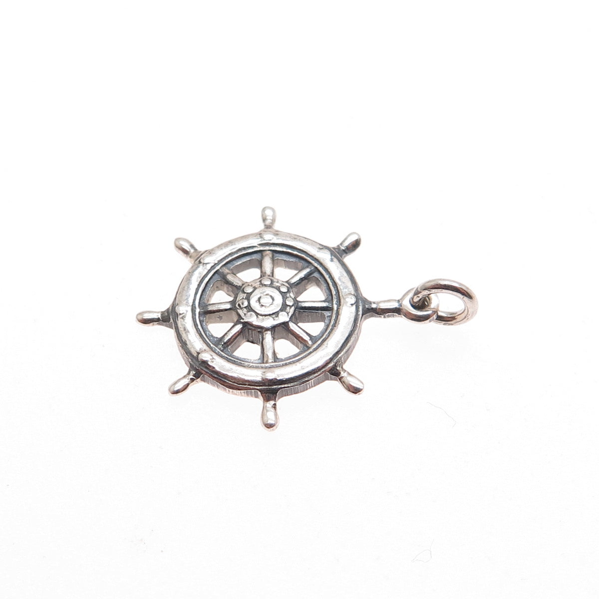 925 Sterling Silver Vintage Helm Ship Wheel Oxidized Minimalist Charm Pendant