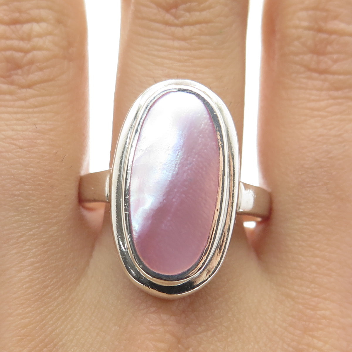 925 Sterling Silver Vintage Real Rose Mother-of-Pearl Statement Ring Size 10