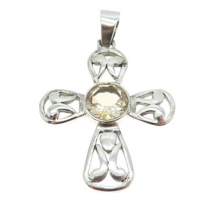 925 Sterling Silver Vintage Real Round-Cut Citrine Ornate Cross Pendant