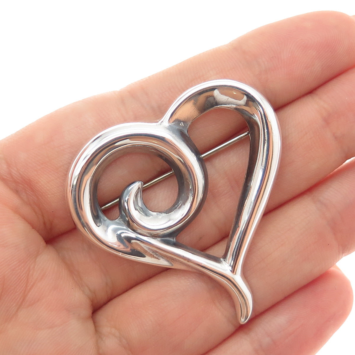 925 Sterling Silver Vintage Modernist Heart Oxidized Pin Brooch