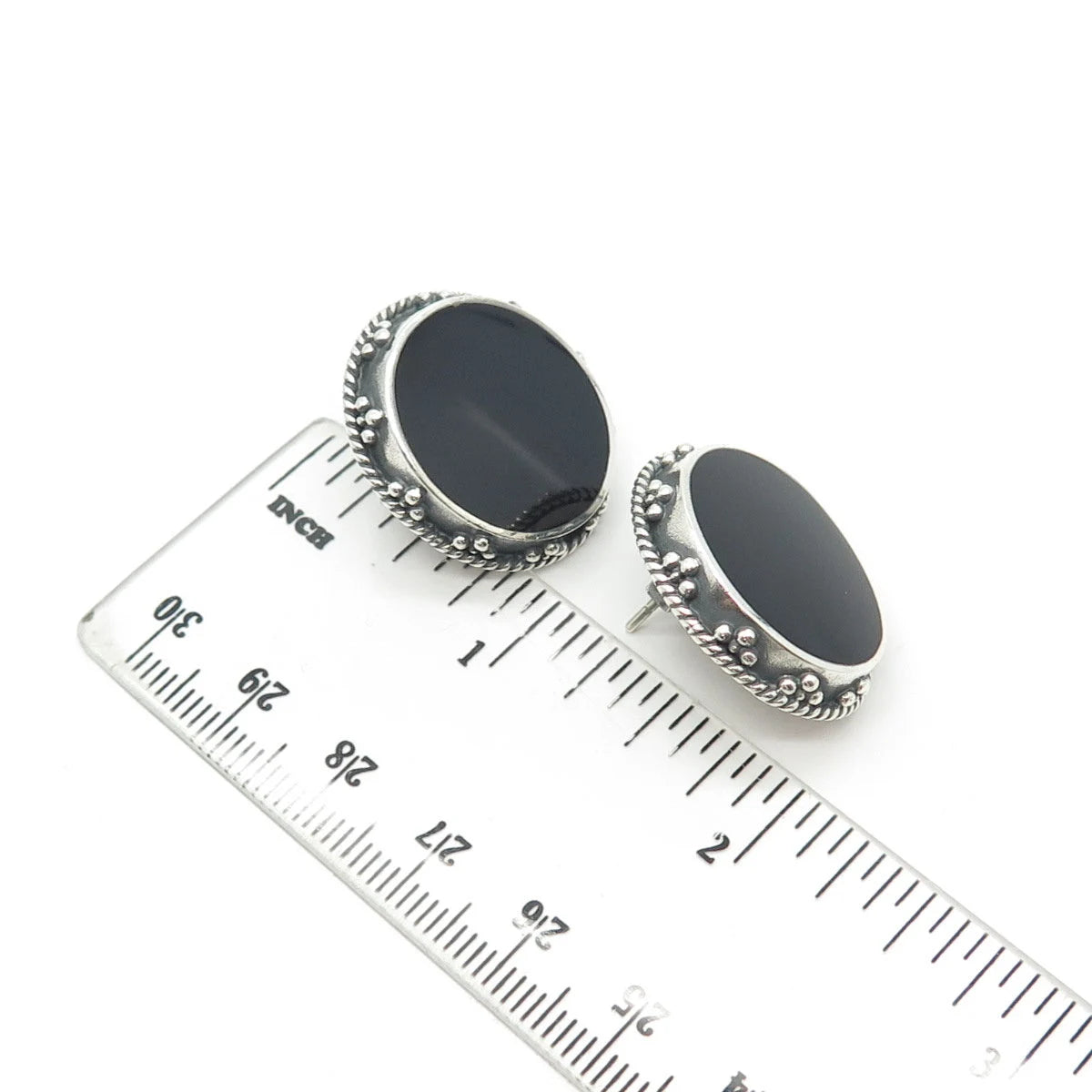 925 Sterling Silver Vintage WOODS Real Black Onyx Gemstone Earrings