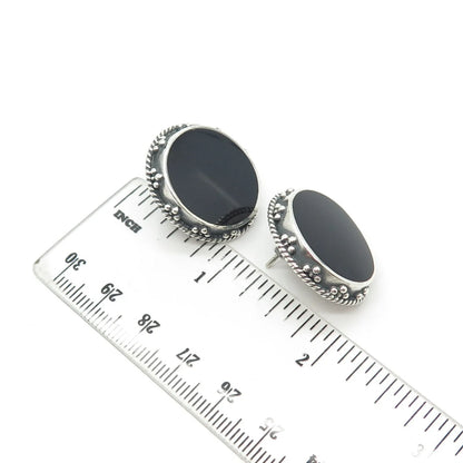925 Sterling Silver Vintage WOODS Real Black Onyx Gemstone Earrings