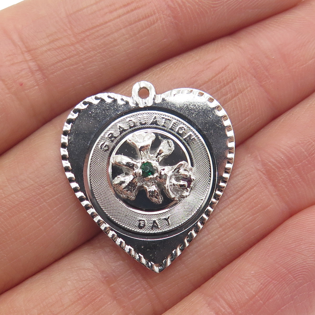 TOWN & COUTRY Sterling Silver Vintage Rhinestone "Graduation Day" Heart Pendant