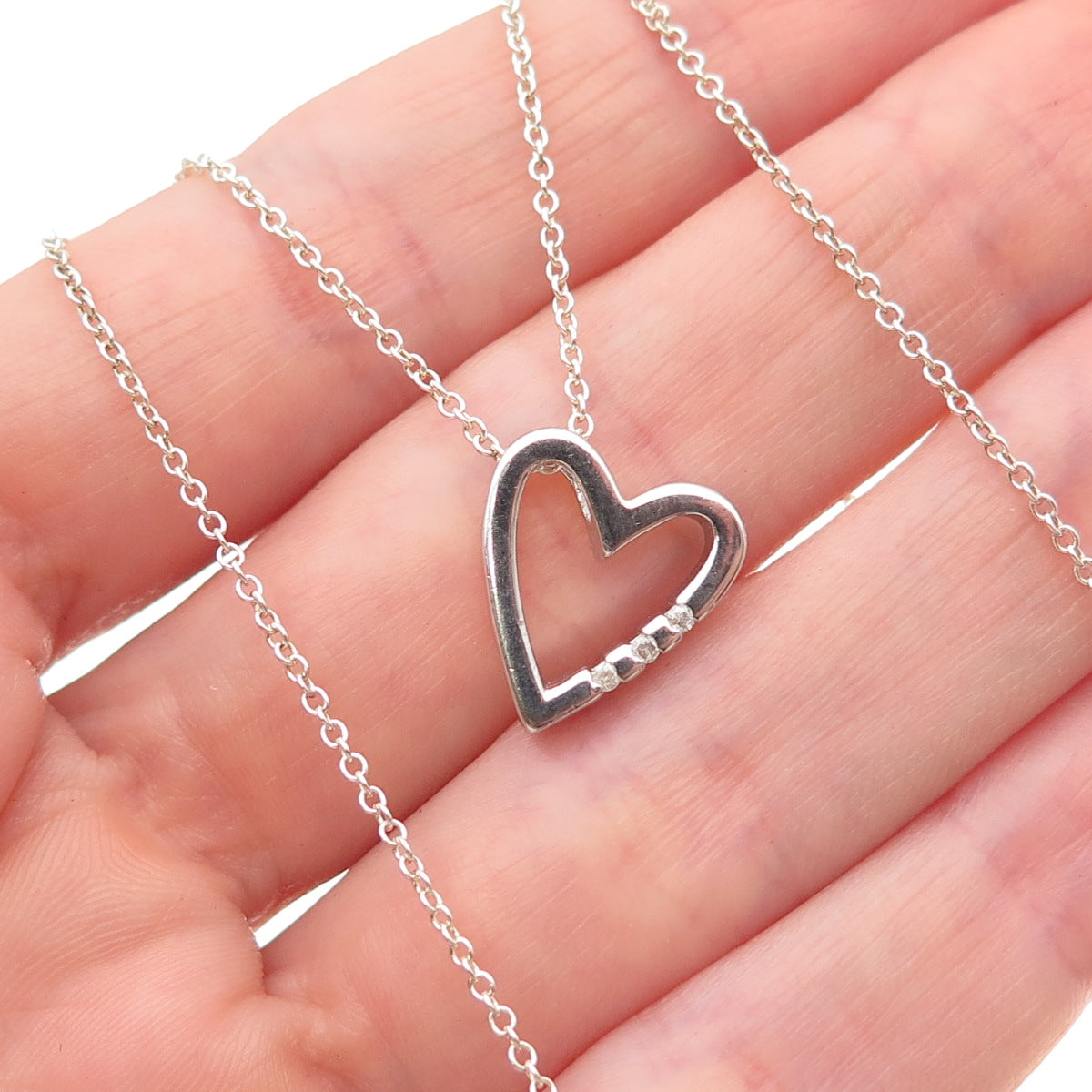 925 Sterling Silver Real Round-Cut Diamond Heart Cable Chain Necklace 18"