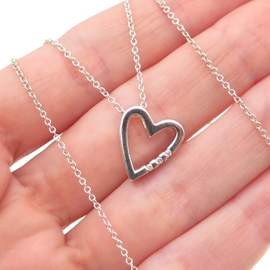 925 Sterling Silver Real Round-Cut Diamond Heart Cable Chain Necklace 18"