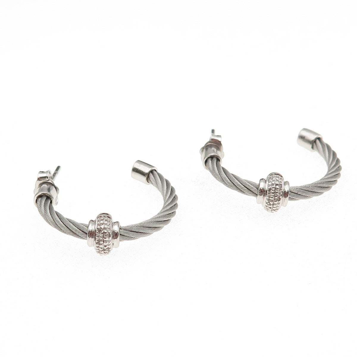 925 Sterling Silver & Steel Real Round-Cut Diamond Hoop Earrings