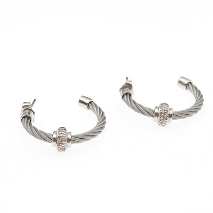 925 Sterling Silver & Steel Real Round-Cut Diamond Hoop Earrings