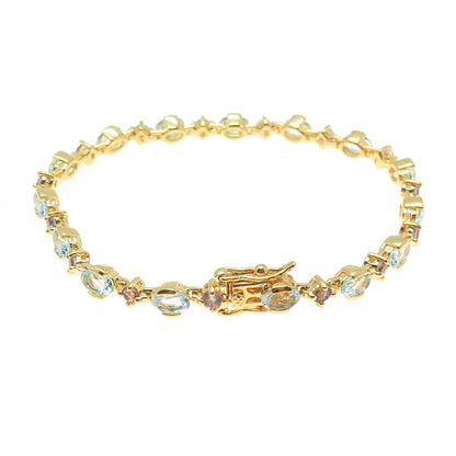 925 Sterling Silver Gold Plated Real Amethyst & Blue Topaz Bracelet 7.25"