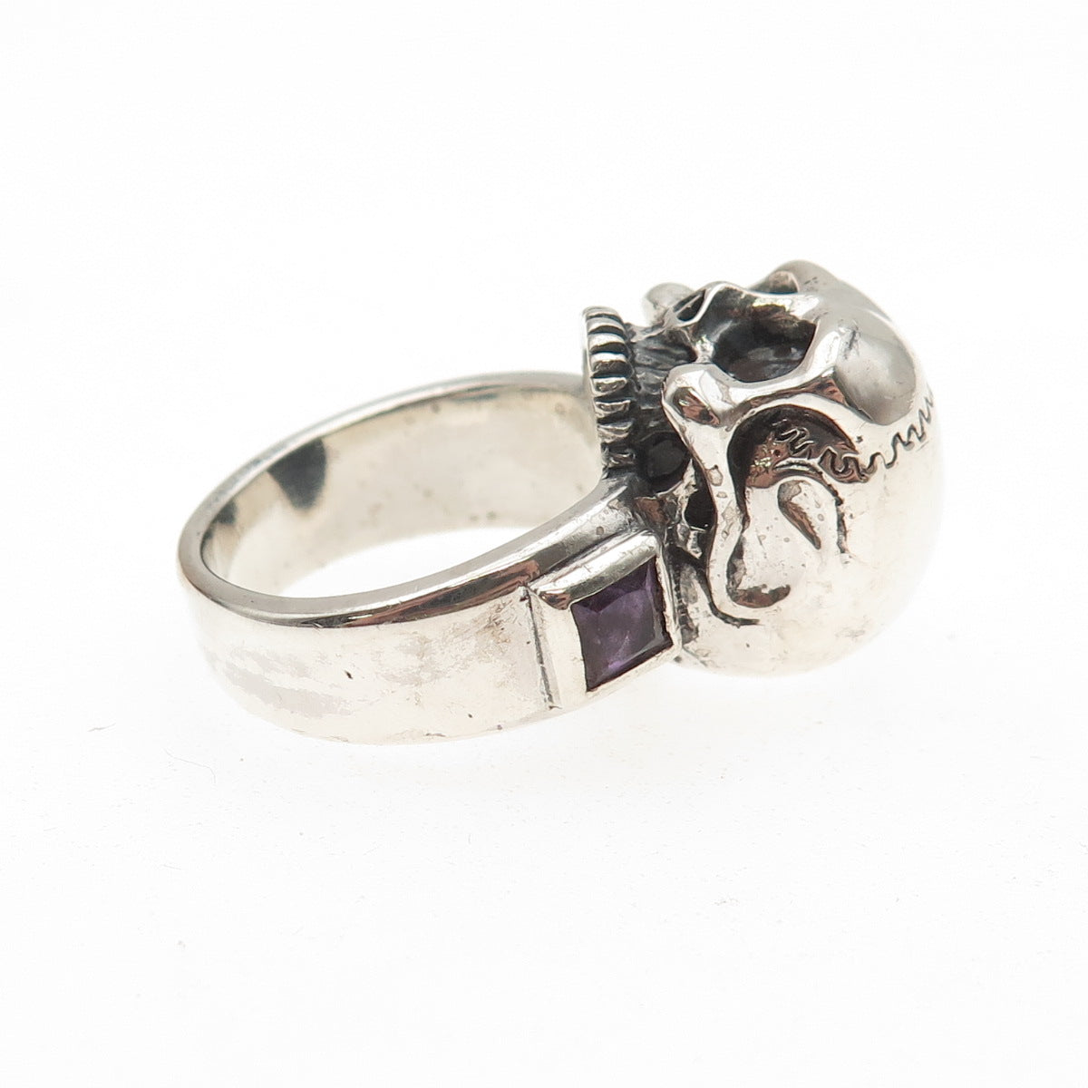 925 Sterling Silver Vintage Real Amethyst Skull Oxidized Biker Ring Size 6.75
