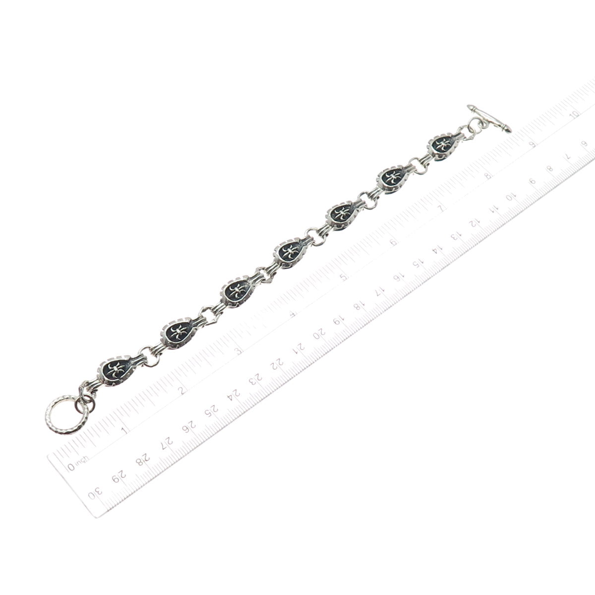 925 Sterling Silver Vintage Fleur de Lis Link Oxidized Bracelet 7.75"