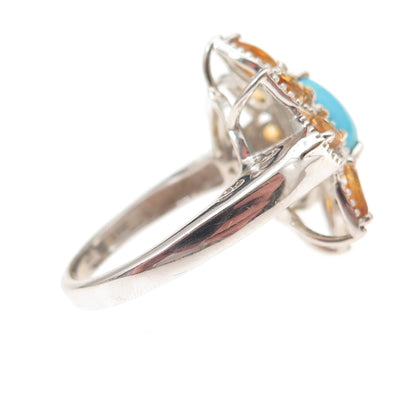 Chuck Clemency 925 Sterling Silver Real Turquoise & Citrine Floral Ring Size 8