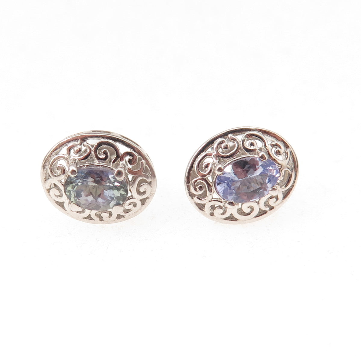 Chuck Clemency 925 Sterling Silver Real Oval-Cut Iolite Floral Stud Earrings