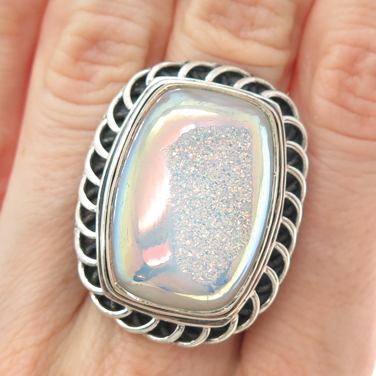 925 Sterling Silver Vintage Real Opalescent Druzy Modernist Ring Size 6.25