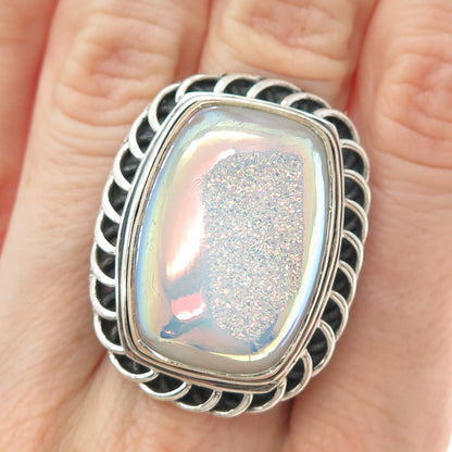925 Sterling Silver Vintage Real Opalescent Druzy Modernist Ring Size 6.25