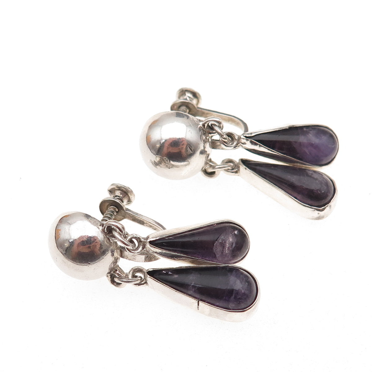 925 Sterling Silver Vintage Mexico Real Amethyst Modernist Screw Back Earrings