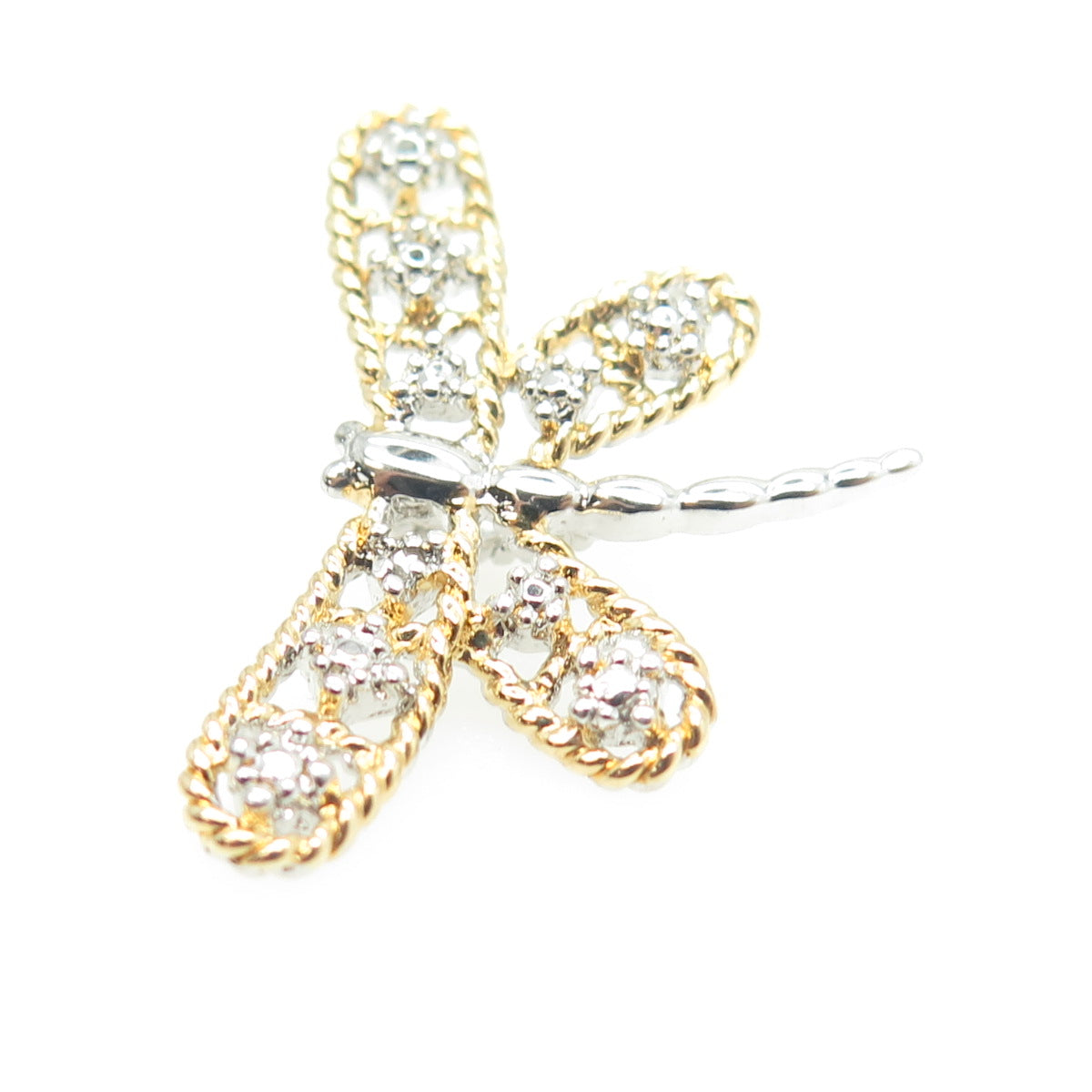 HAN 925 Sterling Silver 2-Tone Real Diamond Accent Dragonfly Pendant